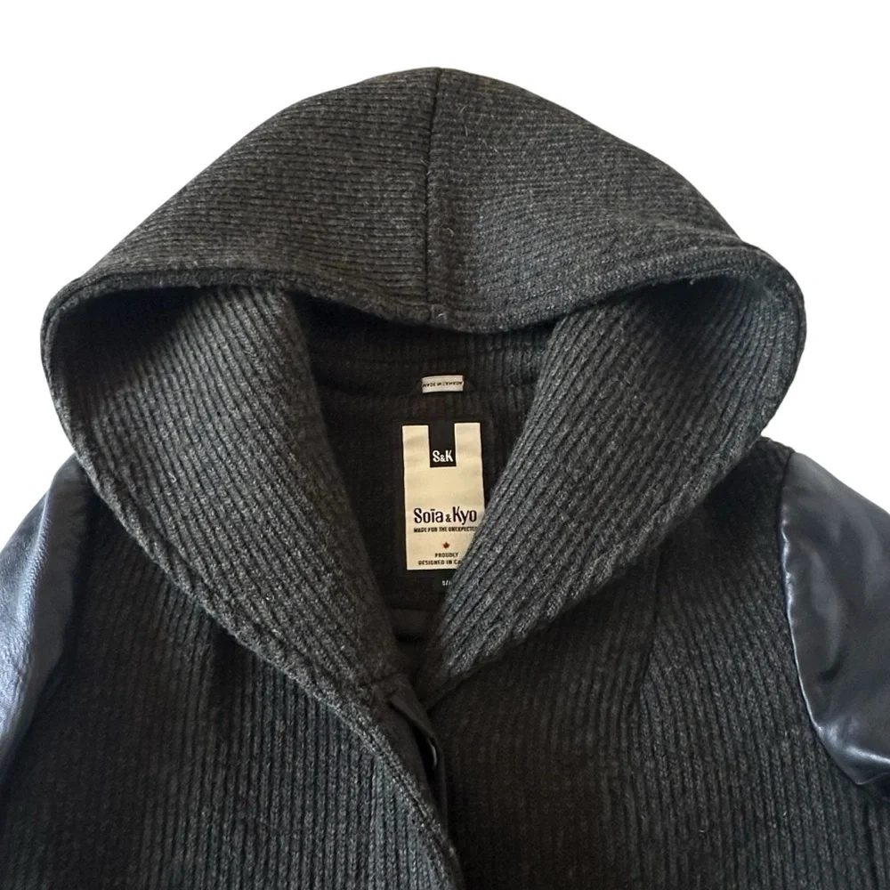 SOIA & KYO MIXED MATERIAL LEATHER AND WOOL HOODED JACKET SIZE SMALL